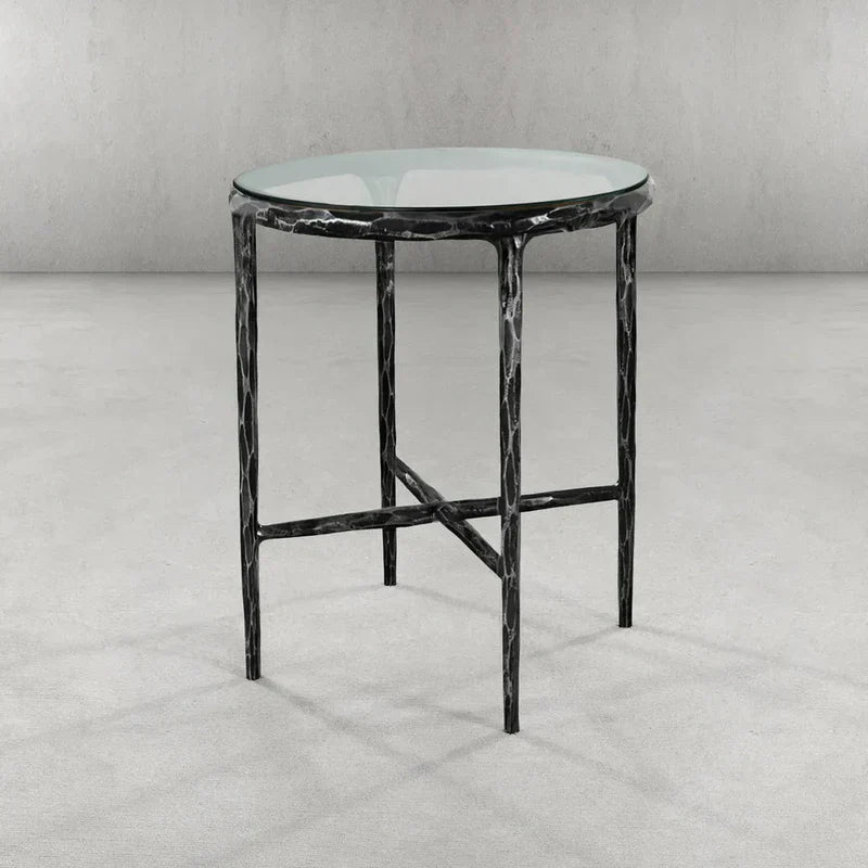 Hand-Forged Metal Glass Round Side Table 3 Leg 24"D