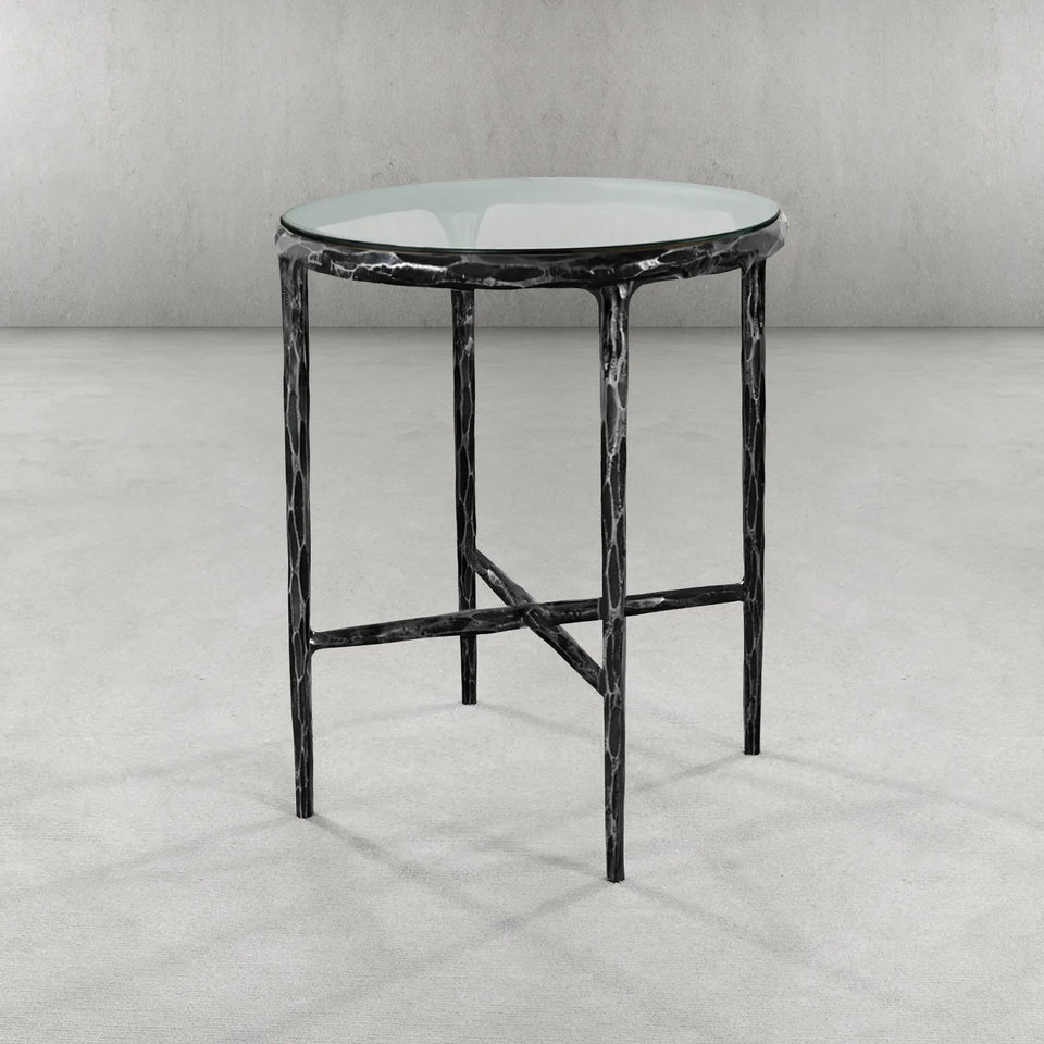 Hand-Forged Metal Glass Round Side Table 18" 22"
