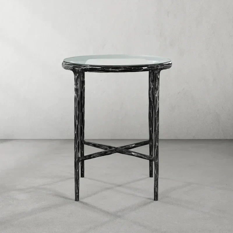 Hand-Forged Metal Glass Round Side Table 3 Leg 24"D