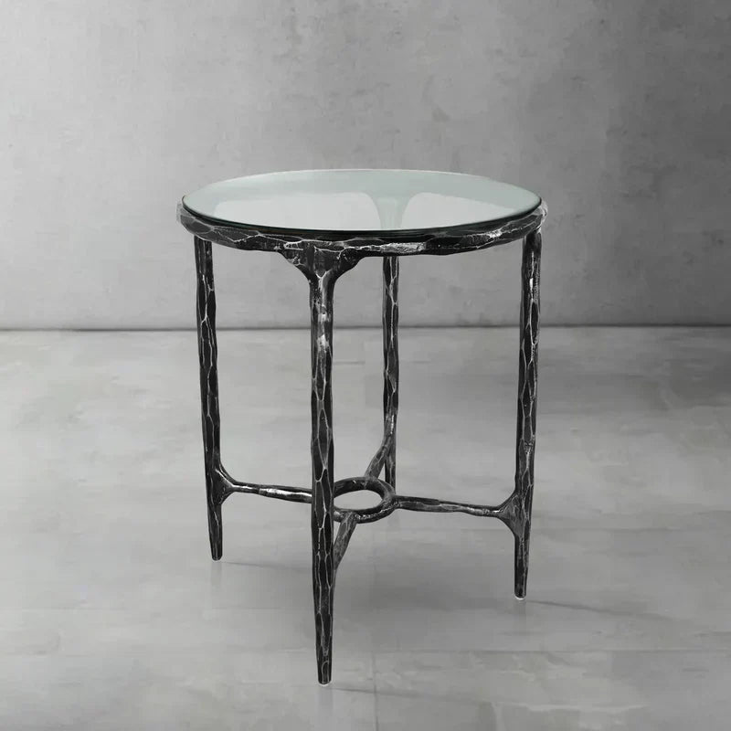 Hand-Forged Metal Glass Round Side Table 3 Leg 24"D