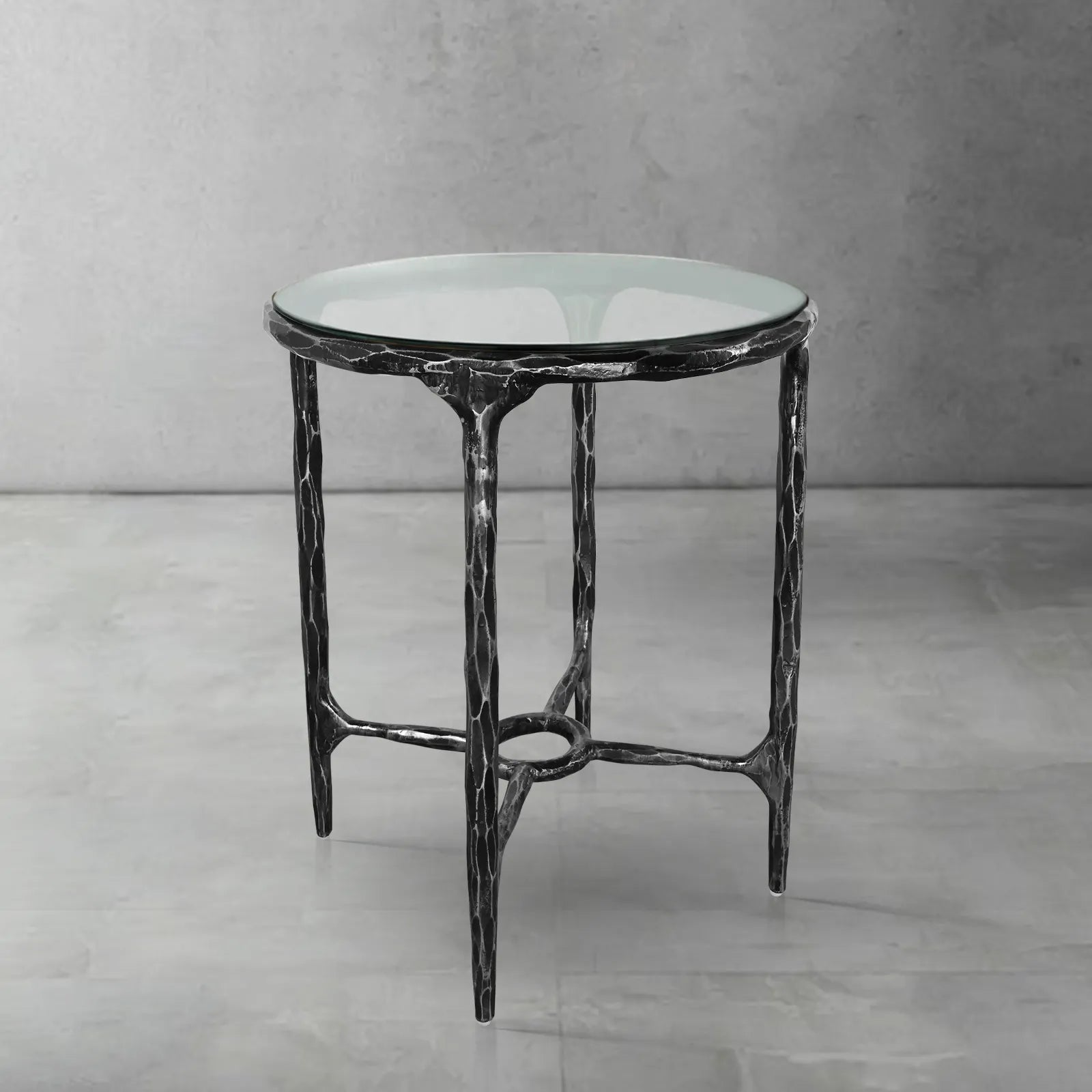 Hand-Forged Metal Glass Round Side Table 18" 22"