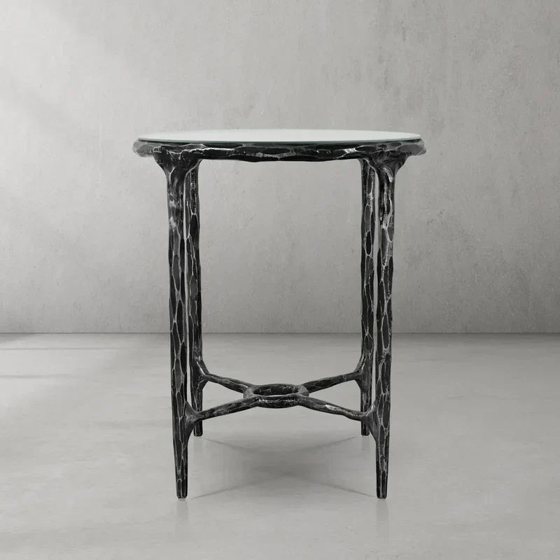 Hand-Forged Metal Glass Round Side Table 3 Leg 24"D