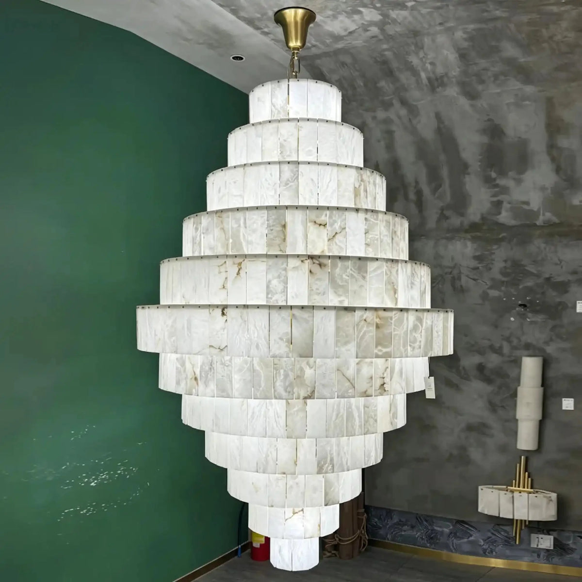 Luxury Sculpted Pyramid-Tier Alabaster Chandelier for High Ceiling