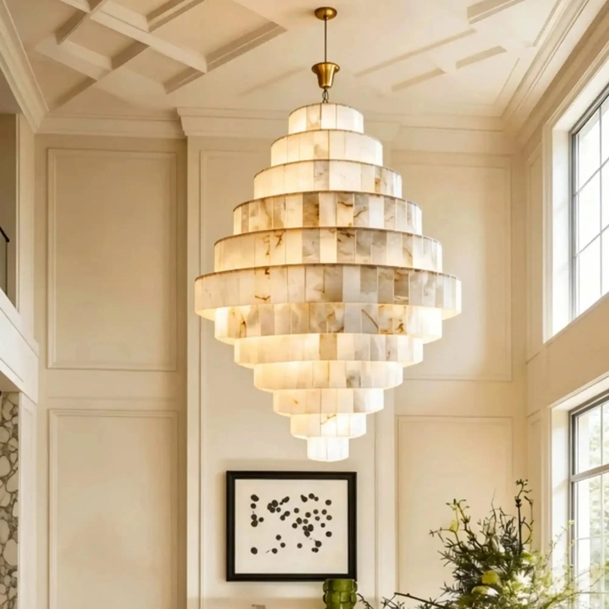 Luxury Sculpted Pyramid-Tier Alabaster Chandelier for High Ceiling