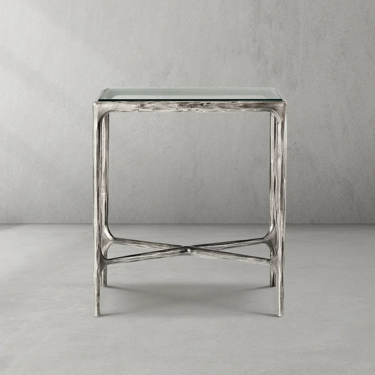Hand-Forged Metal Glass Square Side Table 18" 22"