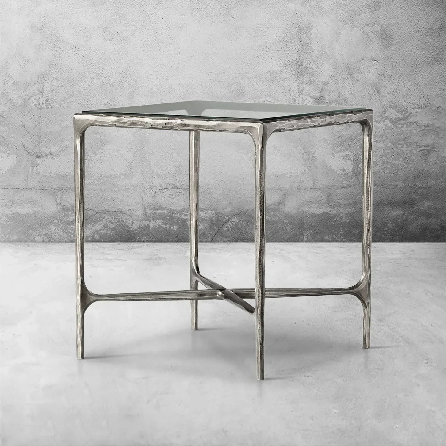 Hand-Forged Metal Glass Square Side Table 18" 22"