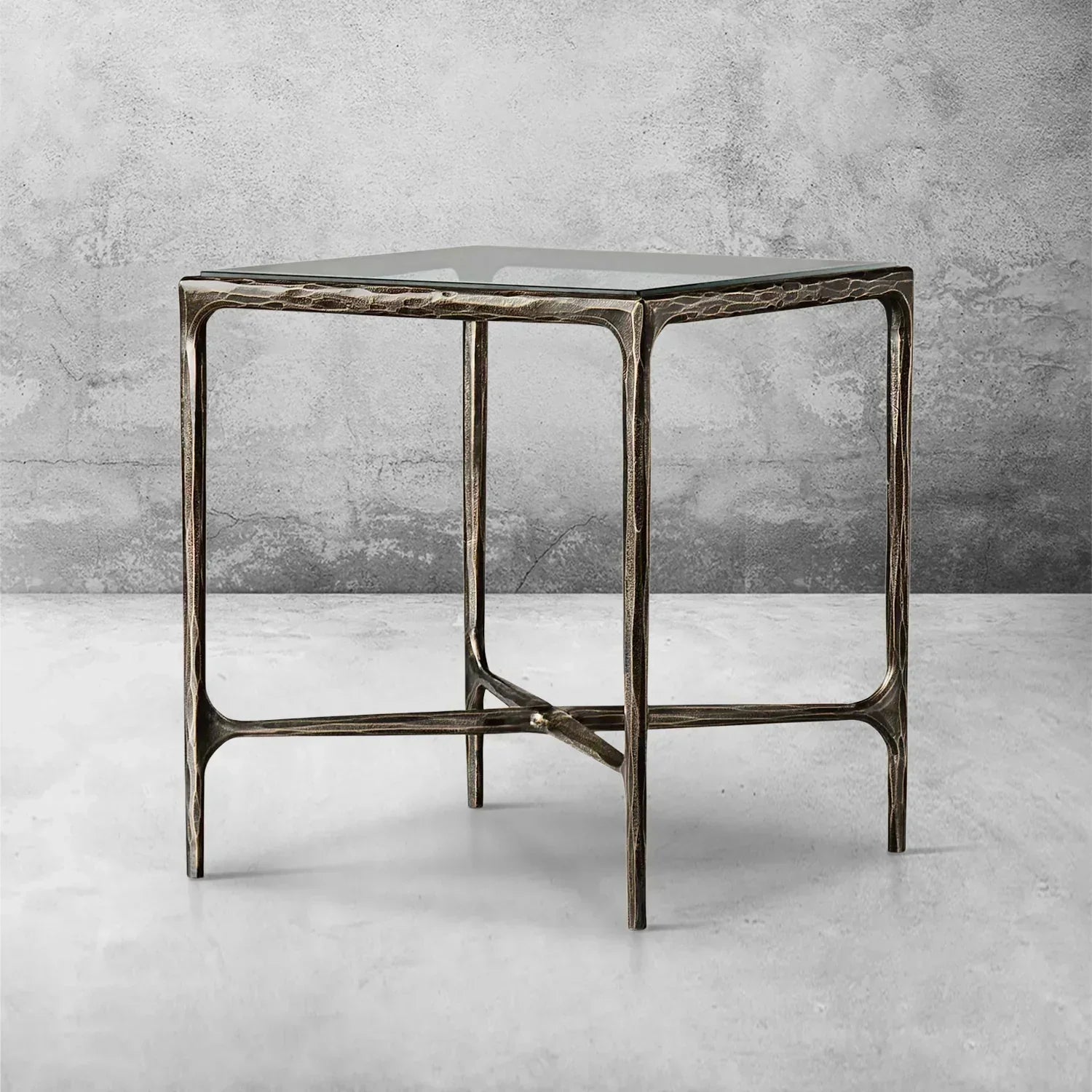 Hand-Forged Metal Glass Square Side Table 18" 22"