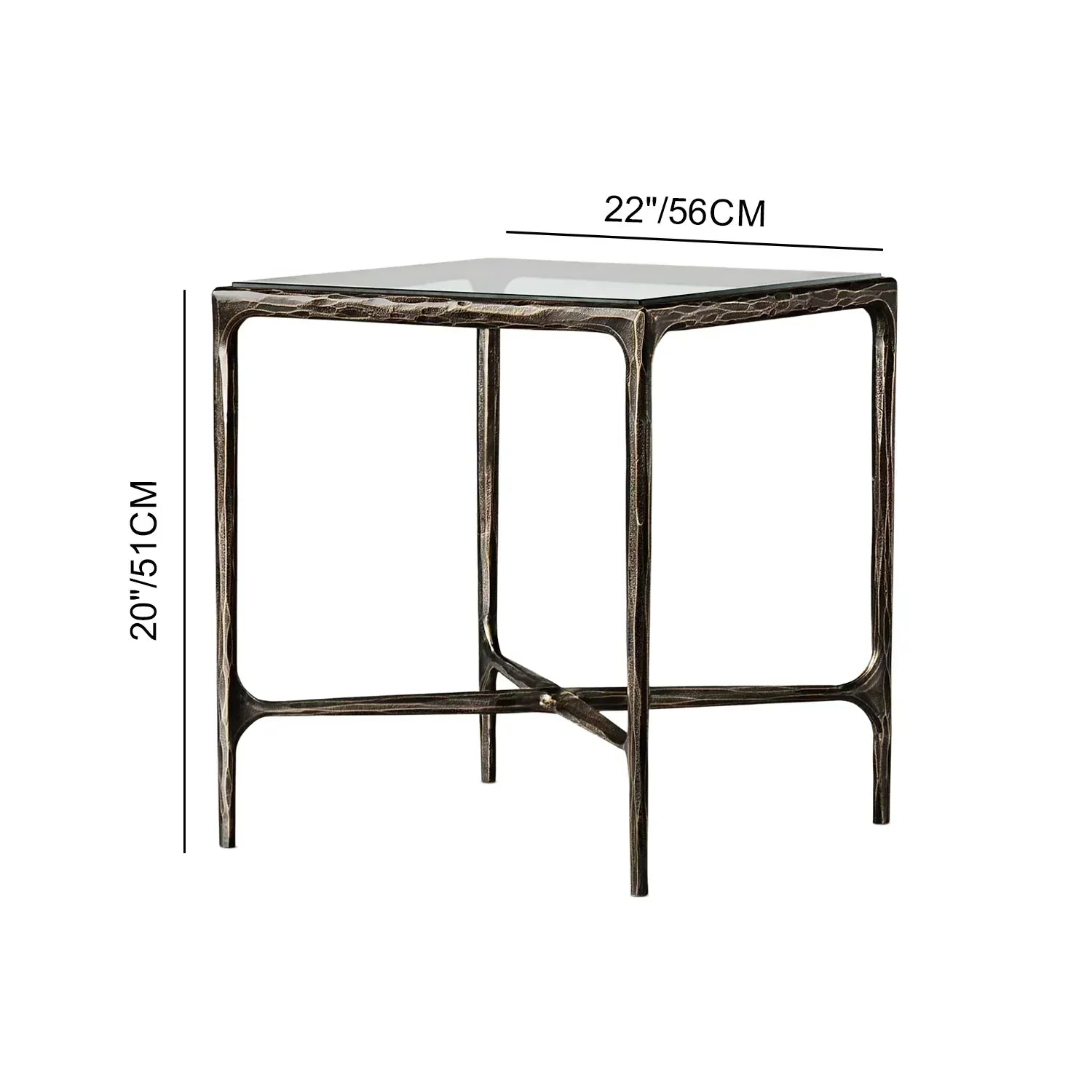 Hand-Forged Metal Glass Square Side Table 18" 22"