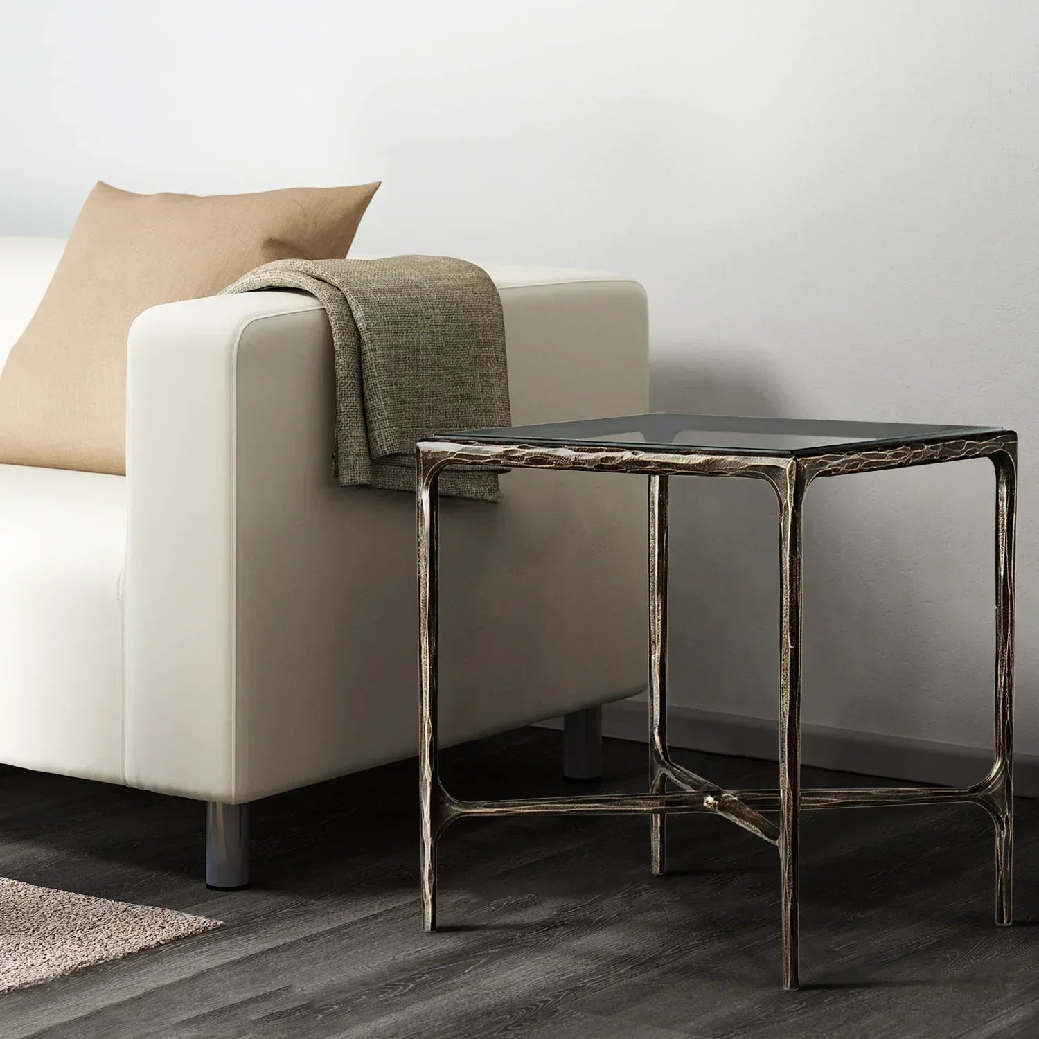 Hand-Forged Metal Glass Square Side Table 18" 22"