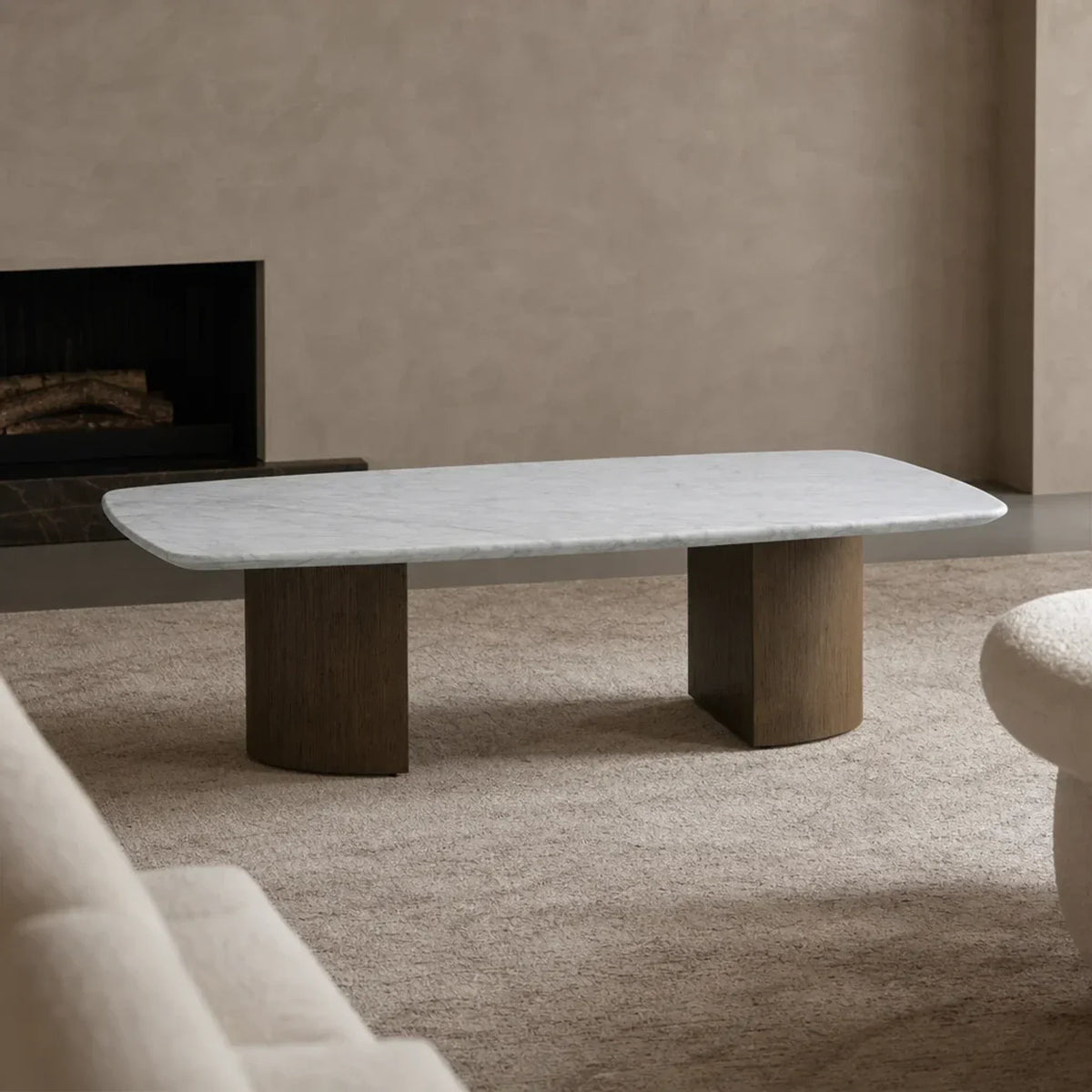 Saint Germain Stone Coffee Table with Dauphine Base, Marble and Solid Oak