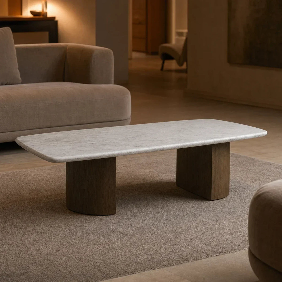 Saint Germain Stone Coffee Table with Dauphine Base, Marble and Solid Oak
