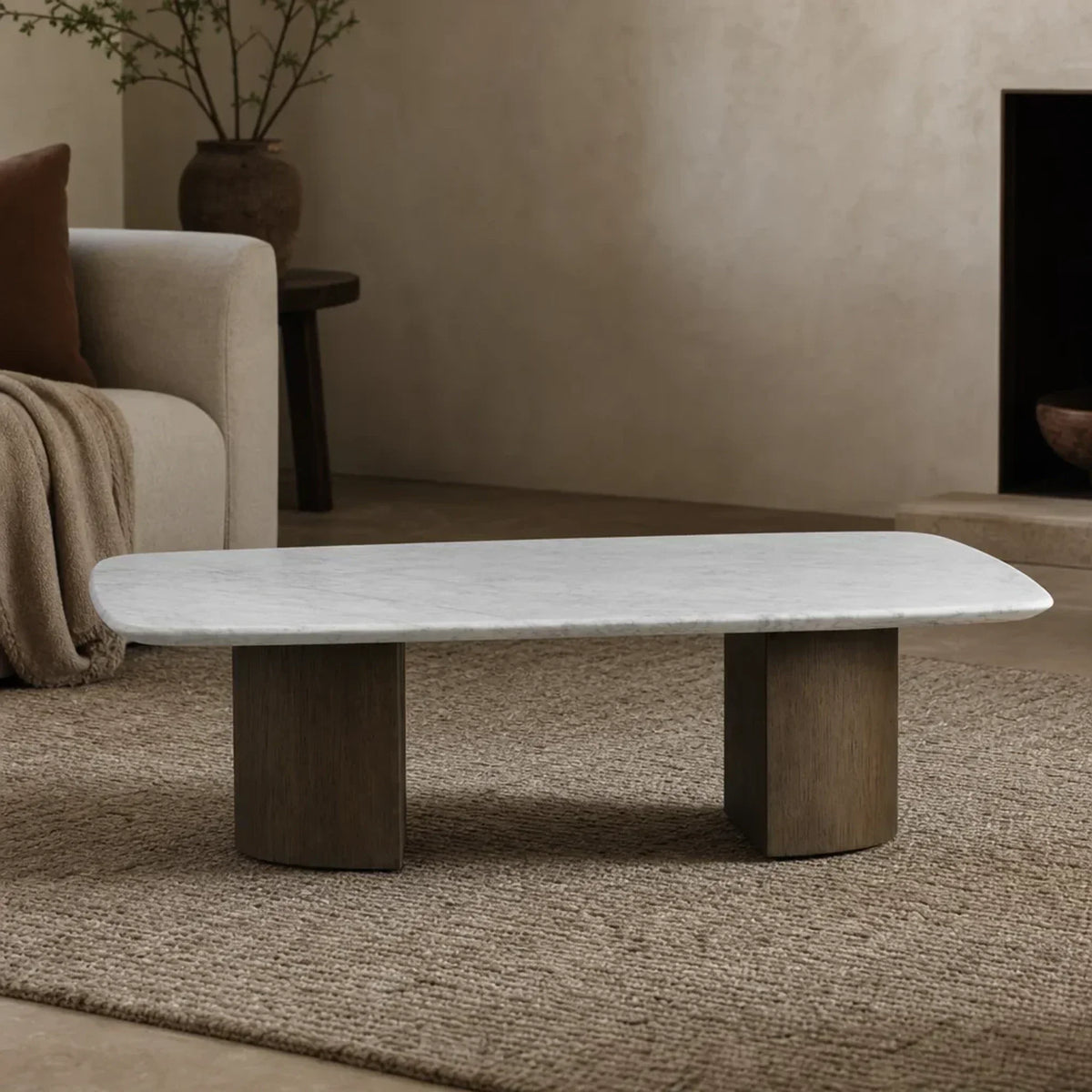 Saint Germain Stone Coffee Table with Dauphine Base, Marble and Solid Oak