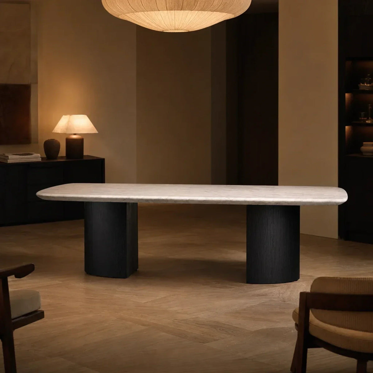 Saint Germain Stone Coffee Table with Dauphine Base, Marble and Solid Oak