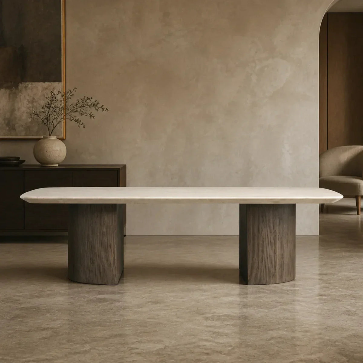 Saint Germain Stone Coffee Table with Dauphine Base, Marble and Solid Oak