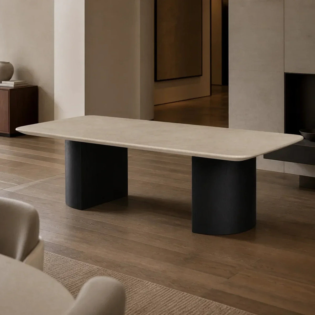 Saint Germain Stone Coffee Table with Dauphine Base, Marble and Solid Oak