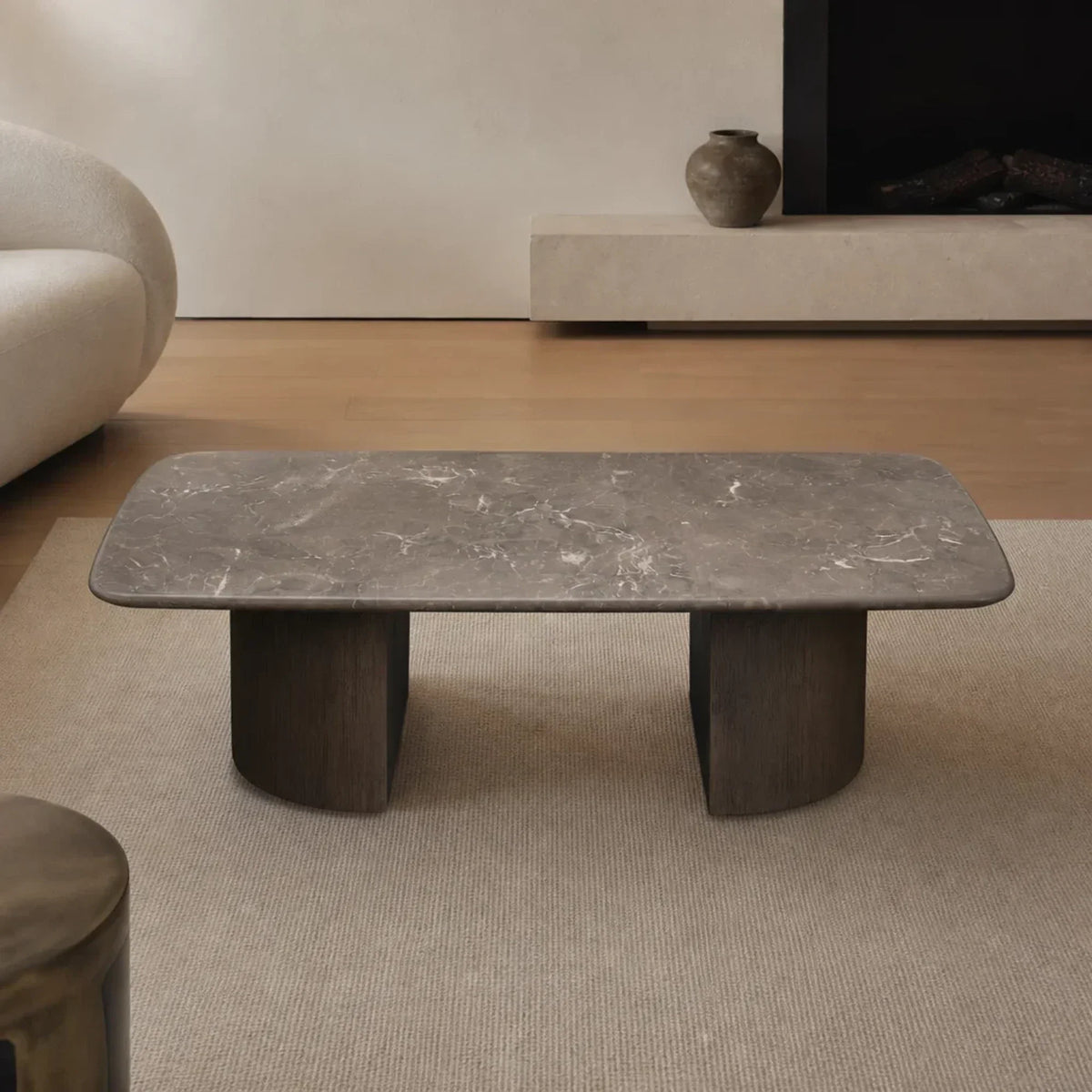 Saint Germain Stone Coffee Table with Dauphine Base, Marble and Solid Oak