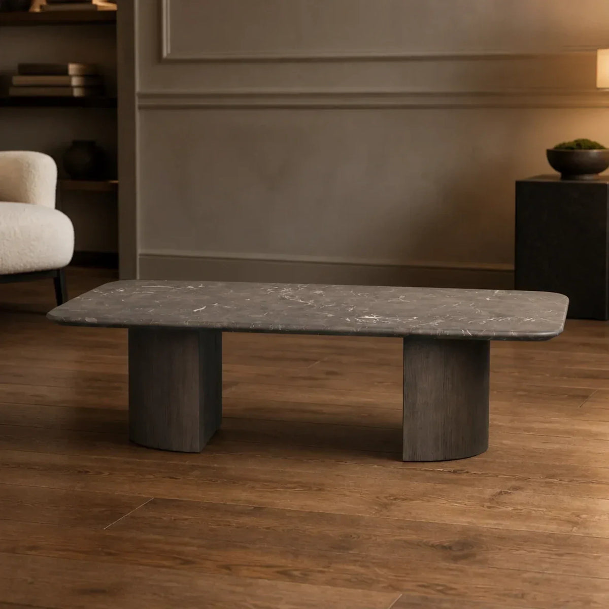 Saint Germain Stone Coffee Table with Dauphine Base, Marble and Solid Oak