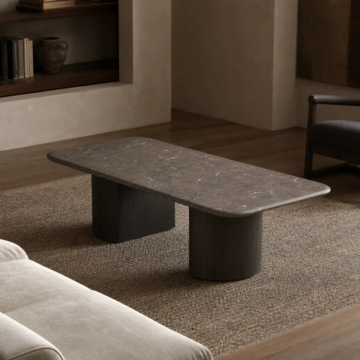 Saint Germain Stone Coffee Table with Dauphine Base, Marble and Solid Oak