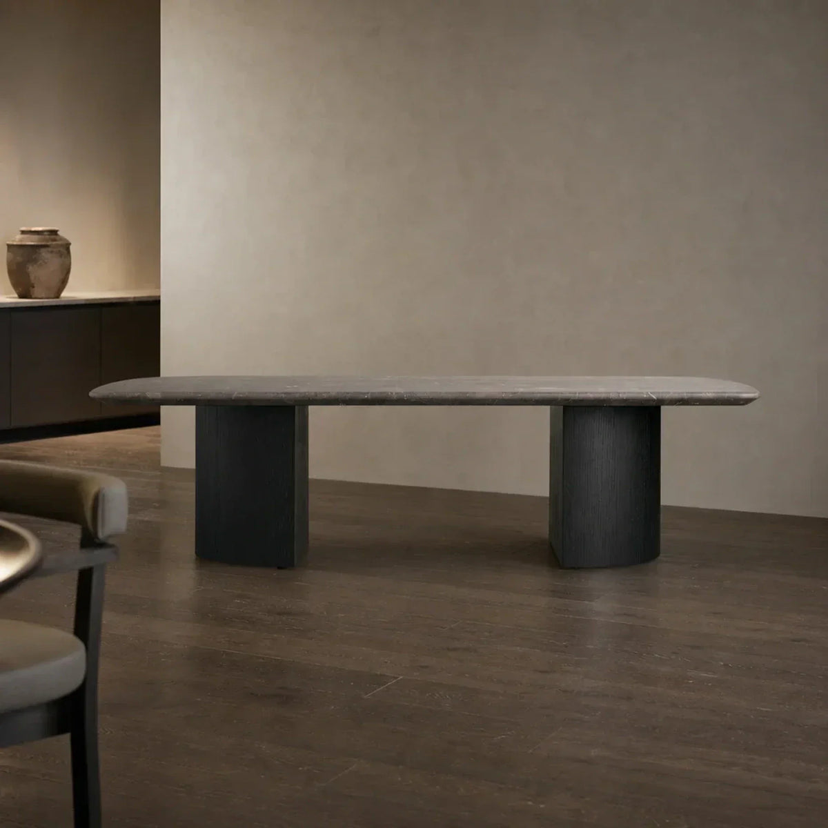 Saint Germain Stone Coffee Table with Dauphine Base, Marble and Solid Oak