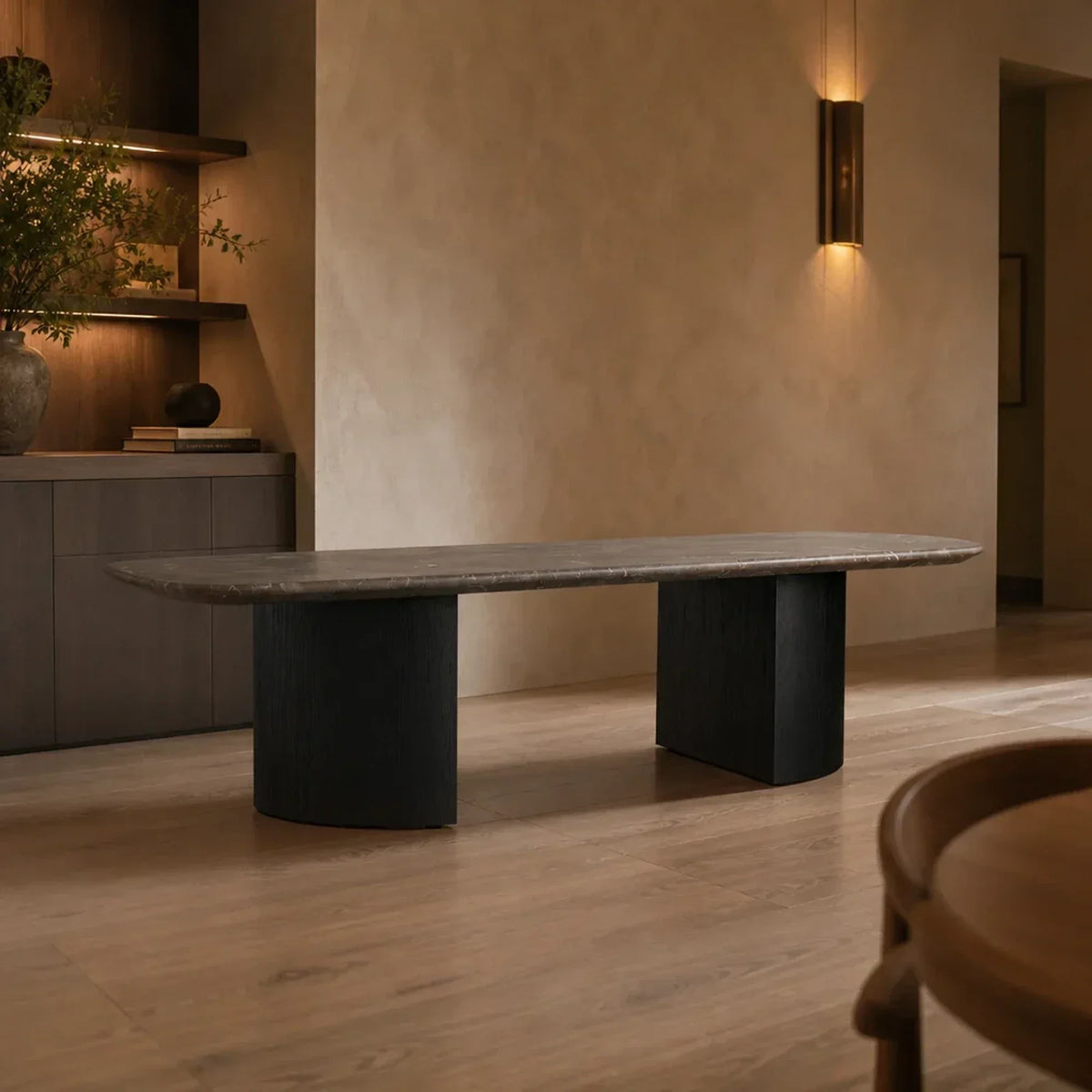 Saint Germain Stone Coffee Table with Dauphine Base, Marble and Solid Oak