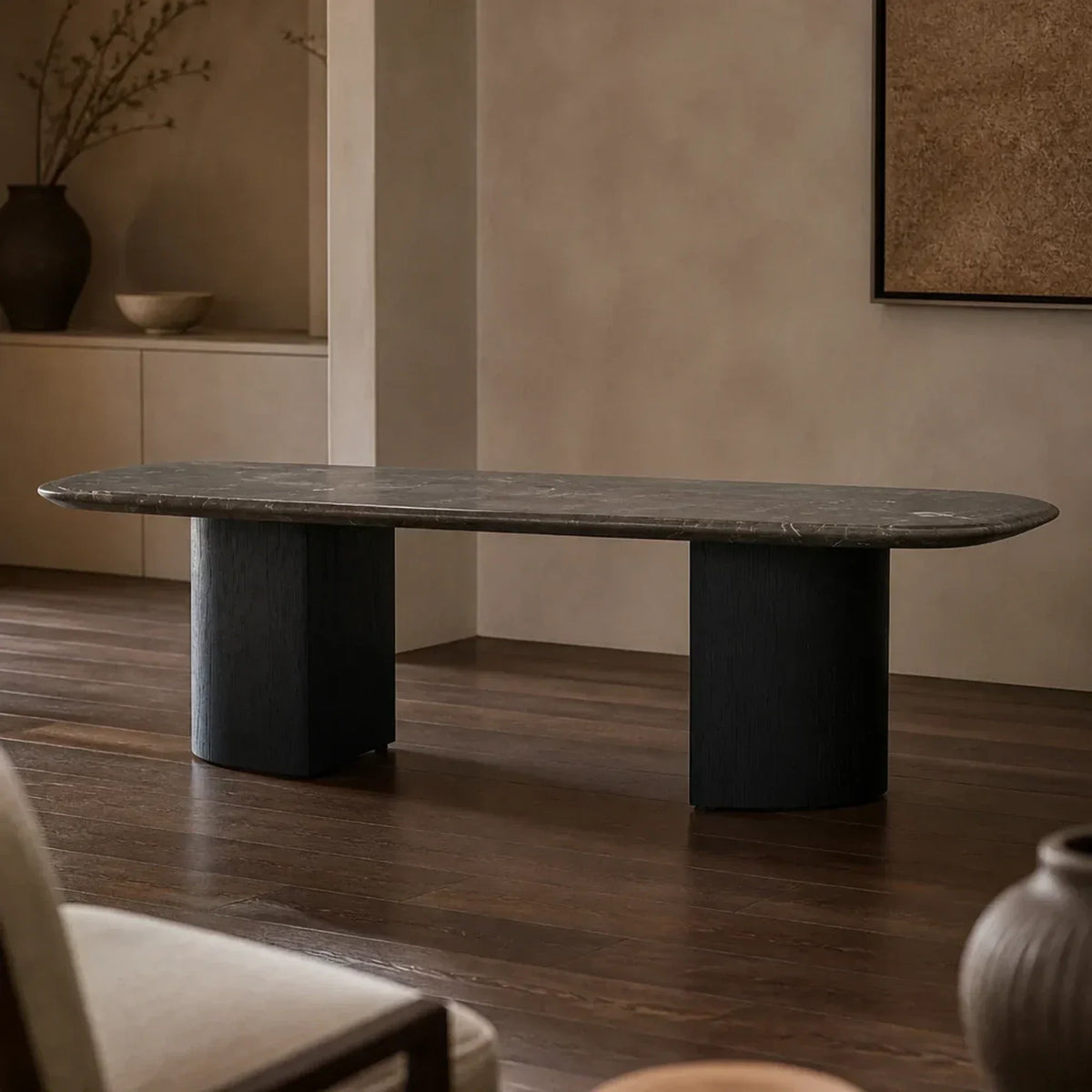 Saint Germain Stone Coffee Table with Dauphine Base, Marble and Solid Oak