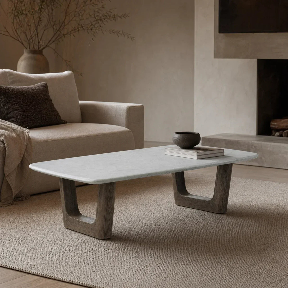 Saint Germain Natural Stone Coffee Table with Oak Veneer Base